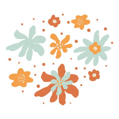 Beyaz arka planda büyük ve küçük soyut çiçeklerin kompozisyonu. İskandinav botanik el çizimi stil karalama vektörü çizimi