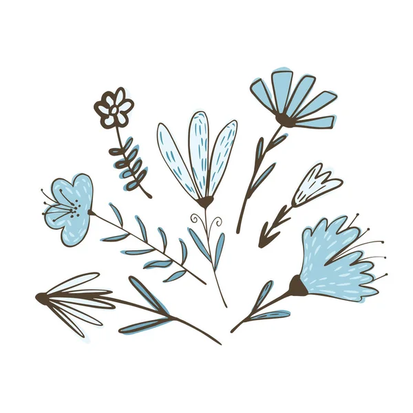 白い背景に葉を持つ小枝の花から構成されます 抽象的な植物のスケッチ青い色の手のスタイルのドアのベクトルのイラストで描かれた — ストックベクタ
