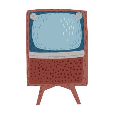 Beyaz arka planda izole edilmiş uzun retro televizyon. Klasik TV mavi ve kahverengi renkli el çizimi stil karalama vektörü çizimi.