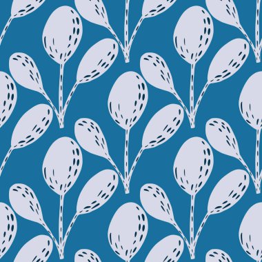 Açık gri Scandi yaprağı siluetleri olan soyut flora pürüzsüz desen. Mavi parlak arka plan. Stok çizimi. Tekstil, kumaş, hediye paketi, duvar kağıtları için vektör tasarımı.