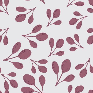 Pastel pürüzsüz botanik desenler ve rastgele mor soluk dallı süsler. Açık gri arkaplan. Stok çizimi. Tekstil, kumaş, hediye paketi, duvar kağıtları için vektör tasarımı.