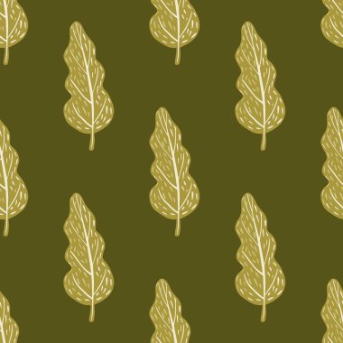 Elle çizilmiş yaprak süsüsüyle ormandaki kusursuz karalama deseni. Yeşil ve zeytin palet sanat eserleri. Stok çizimi. Tekstil, kumaş, hediye paketi, duvar kağıtları için vektör tasarımı.