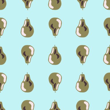 Armut yeşili süslemeli, kusursuz yaz deseni. Açık mavi parlak arkaplan. Kağıt ve kumaş dokuları için grafiksel tasarım. Vektör İllüstrasyonu.
