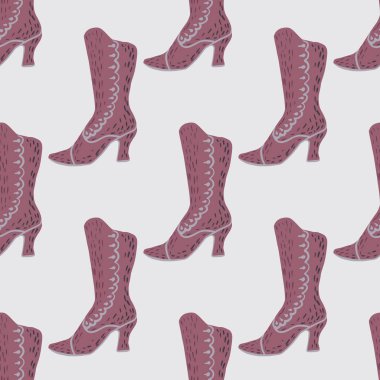 Fashion style seamless pattern with boots elements. Purple ornament on light grey background. Vector illustration for seasonal textile prints, fabric, banners, backdrops and wallpapers.