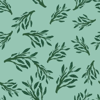 Random seamless doodle nature pattern with green leaves branches. Blue background. Flat vector print for textile, fabric, giftwrap, wallpapers. Endless illustration.