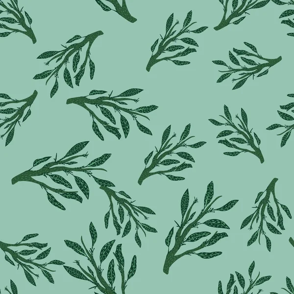 Random Seamless Doodle Nature Pattern Green Leaves Branches Blue Background — Vetor de Stock