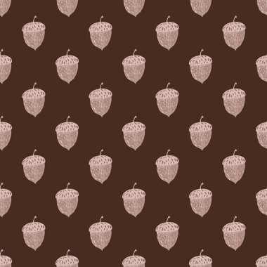 Autumn seamless pattern with hand drawn acorn silhouettes. Brown dark background. Flat vector print for textile, fabric, giftwrap, wallpapers. Endless illustration.