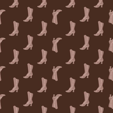 Beige woman style boots seamless pattern. Cartoon fashion print with brown background. Vector illustration for seasonal textile prints, fabric, banners, backdrops and wallpapers.