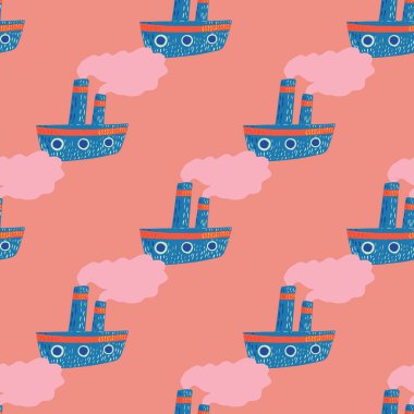 Cartoon kid with blue steamer ship ornament. Pink background. Travel marine backdrop. Flat vector print for textile, fabric, giftwrap, wallpapers. Endless illustration.