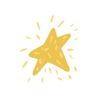 Beyaz arkaplanda izole edilmiş açısal yıldız. El çizimi sihirli element sarı rengi. Doodle biçiminde vektör illüstrasyonu.