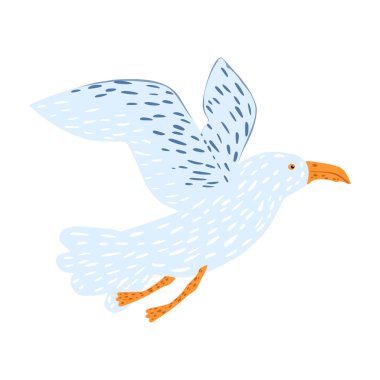 Martı uçuşu beyaz arka planda izole edildi. Sevimli çizgi film karakteri el yazısı deniz doğası. Doodle vektör illüstrasyonu.