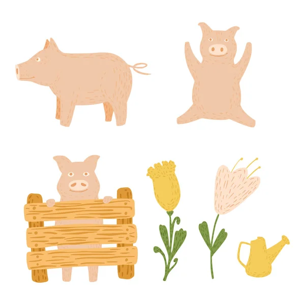 Set Pigs Farm White Background Funny Cartoon Character Fence Flowers — Stockvector