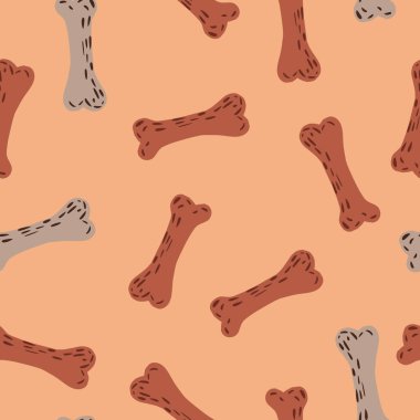 Random seamless dog animal pattern with bones orange and grey elements. Beige background. Vector illustration for seasonal textile prints, fabric, banners, backdrops and wallpapers.