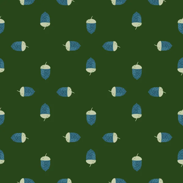 ブルーのアコーンスキャンディプリントで装飾自然シームレスパターン 緑の暗い背景 包装紙や布のテクスチャのためのグラフィックデザイン ベクターイラスト — ストックベクタ