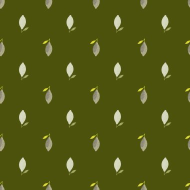 Kusursuz pastel desenli zeytin yeşili arka planda küçük limon karalama siluetleri. Yemekler sağlıklı arka plan. Stok çizimi. Tekstil, kumaş, hediye paketi, duvar kağıtları için vektör tasarımı.