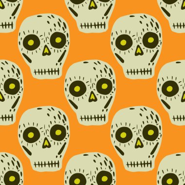 Meksika günü ölüm bayramı, kusursuz kafatası şekli. Sarı arka planda karalama grisi süsleme. Mevsimlik tekstil baskıları, kumaş, afişler, arkaplanlar ve duvar kağıtları için vektör illüstrasyonu.