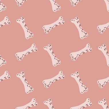 Düz kemikler, pürüzsüz desen. Köpek oyuncakları beyaz el çizimi süs pembe ışık arka planında. Mevsimlik tekstil baskıları, kumaş, afişler, arkaplanlar ve duvar kağıtları için vektör illüstrasyonu.