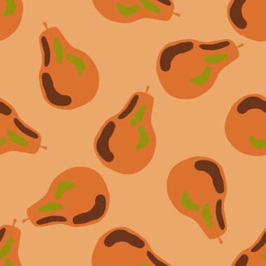 Armutsuz armut desenli rastgele meyve süsü. Turuncu palet arka plan. Kağıt ve kumaş dokuları için grafiksel tasarım. Vektör İllüstrasyonu.