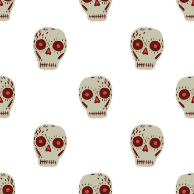 Meksika tatil kafatası süsüsüyle izole edilmiş kusursuz desen. Beyaz arka planda gri csary izi var. Mevsimlik tekstil baskıları, kumaş, afişler, arkaplanlar ve duvar kağıtları için vektör illüstrasyonu.