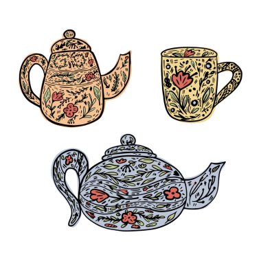 Çaydanlıkları beyaz arkaplanda izole et. Elleri çaydanlık kadar tatlı, çaydanlık kadar kısa ve çiçek desenli bir kupa. Doodle vektör illüstrasyonu.