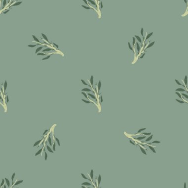 Yeşil yapraklı, minimalist, pürüzsüz desen. Gri arka plan. Pastel soluk palet izi. Tekstil, kumaş, hediye paketi, duvar kağıtları için düz vektör baskısı. Sonsuz illüstrasyon.