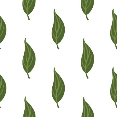 Doğa, yeşil yapraklı, pürüzsüz, basit bir desen çiziyor. Beyaz arka plan. Tekstil, kumaş, hediye paketi, duvar kağıtları için düz vektör baskısı. Sonsuz illüstrasyon.