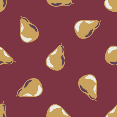 Soyut armut siluetleriyle vitaminsiz desen. Kestane rengi pastel arka plan. Stok çizimi. Tekstil, kumaş, hediye paketi, duvar kağıtları için vektör tasarımı.