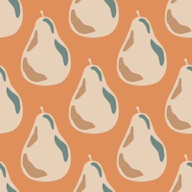 Sağlıklı yiyecekler, armutlarla modern tarzda soyut, kusursuz desenler. Turuncu arka plan. Stok çizimi. Tekstil, kumaş, hediye paketi, duvar kağıtları için vektör tasarımı.