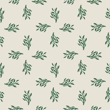 Küçük yeşil yaprak dalları, dikişsiz el çizimi desen. Açık pembe arka plan. Tekstil, kumaş, hediye paketi, duvar kağıtları için düz vektör baskısı. Sonsuz illüstrasyon.