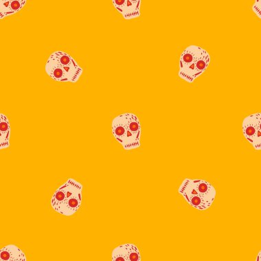 Ölüm günü kafatasları süsüsüyle Meksika geleneksel, kusursuz desenli. Sarı arka plan. Mevsimlik tekstil baskıları, kumaş, afişler, arkaplanlar ve duvar kağıtları için vektör illüstrasyonu.