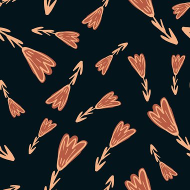 Rastgele çiçekli kusursuz desen siluetler çiziyor. Siyah arka planda turuncu iz. Mevsimlik tekstil baskıları, kumaş, afişler, arkaplanlar ve duvar kağıtları için vektör illüstrasyonu.