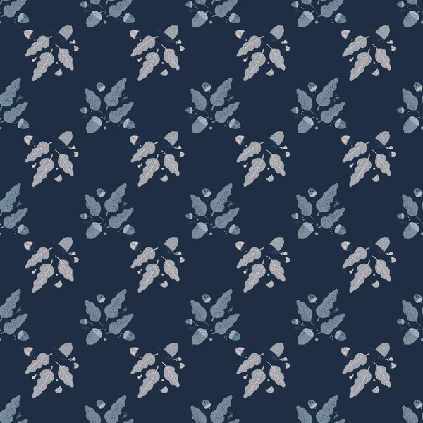 Небольшой Падение Ботанический Бесшовный Рисунок Листьями Желуди Формы Синий Фон — стоковый вектор