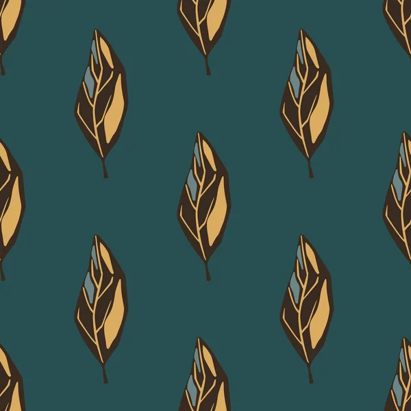 秋の茶色の葉のシルエットと自然のシームレスなパターン ターコイズダークな背景 テキスタイル ファブリック ギフトラップ 壁紙のためのフラットベクトルプリント エンドレスイラスト — ストックベクタ