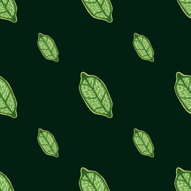 Yeşil vitaminli limon süsüsüyle, minimalist, pürüzsüz karalama deseni. Siyah arka plan. Mevsimlik tekstil baskıları, kumaş, afişler, arkaplanlar ve duvar kağıtları için vektör illüstrasyonu.
