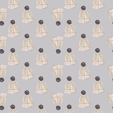 Küçük gri el çizgili şapkalar, pürüzsüz kış deseni. Mavi arka plan. Pastel tonları sanat eserleri. Tekstil, kumaş, hediye paketi, duvar kağıtları için düz vektör baskısı. Sonsuz illüstrasyon.