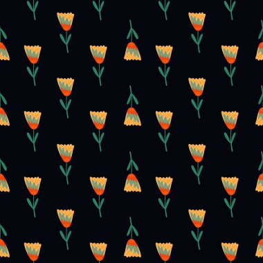 Küçük çiçek karalama süsü kusursuz desen. Koyu kahverengi arkaplanı olan soyut doğa baskısı. Stok çizimi. Tekstil, kumaş, hediye paketi, duvar kağıtları için vektör tasarımı.