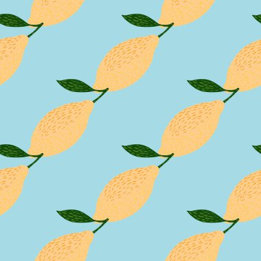 Basit, pırıl pırıl limon deseni. Mavi arka planda açık sarı turunçgil meyvesi. Stok çizimi. Tekstil, kumaş, hediye paketi, duvar kağıtları için vektör tasarımı.