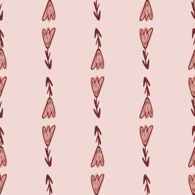 Yumuşak, dikişsiz, çizgili lale desenli karalama deseni. Pembe palet botanik arka planı. Mevsimlik tekstil baskıları, kumaş, afişler, arkaplanlar ve duvar kağıtları için vektör illüstrasyonu.