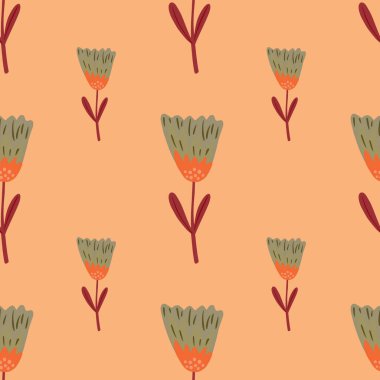 Yeşil soluk çiçekli süslemeli botanik desenli. Mercan pastel arka planı. Tekstil, kumaş, hediye paketi, duvar kağıtları için düz vektör baskısı. Sonsuz illüstrasyon.