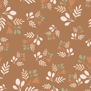 Sonbahar, beyaz ve yeşil yaprakları ve çiçekleri olan dikişsiz halk deseni. Bej arka plan. Mevsimlik tekstil baskıları, kumaş, afişler, arkaplanlar ve duvar kağıtları için vektör illüstrasyonu.