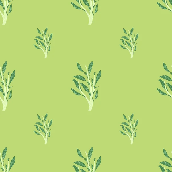 緑の葉の装飾ドアシームレスパターン パステルトーンのライトグリーンの背景 テキスタイル ファブリック ギフトラップ 壁紙のためのフラットベクトルプリント エンドレスイラスト — ストックベクタ