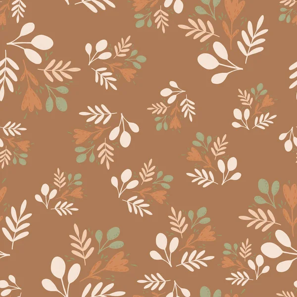 Sonbahar, beyaz ve yeşil yaprakları ve çiçekleri olan dikişsiz halk deseni. Bej arka plan. Mevsimlik tekstil baskıları, kumaş, afişler, arkaplanlar ve duvar kağıtları için vektör illüstrasyonu.
