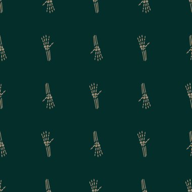 Basit iskelet şekilli, minimalist, korkunç, pürüzsüz desen. Yeşil koyu arkaplan. Kağıt ve kumaş dokuları için grafiksel tasarım. Vektör İllüstrasyonu.