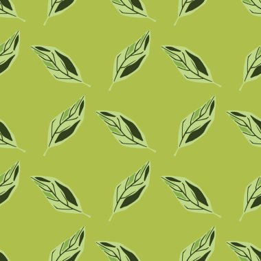 Pastel palet dikişsiz karalama desenli botanik yaprağı süsü. Açık yeşil arka plan. Tekstil, kumaş, hediye paketi, duvar kağıtları için düz vektör baskısı. Sonsuz illüstrasyon.