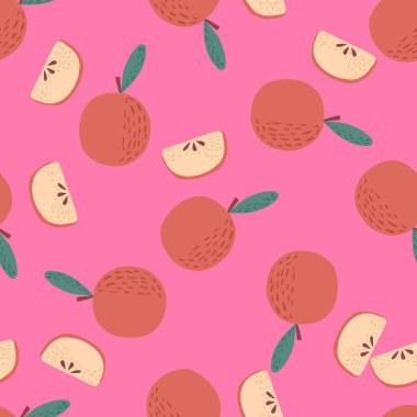Kırmızı elmalı ve dilimli, parlak, pürüzsüz bir desen. Pembe arka plan. Kontrastlı tasarım. Kağıt ve kumaş dokuları için grafiksel tasarım. Vektör İllüstrasyonu.