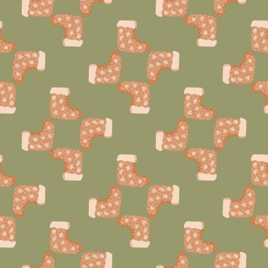 Boyalı çizmeler, dikişsiz kış desenleri. Yeşil ve kırmızı soluk tonlarda rahat ayakkabı süsü. Stok çizimi. Tekstil, kumaş, hediye paketi, duvar kağıtları için vektör tasarımı.