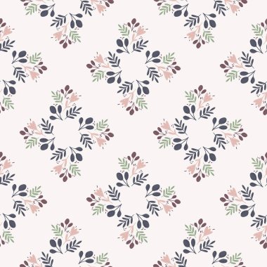 Çiçek süsü, kusursuz el çizimi deseni. Mavi ve iple çizilmiş botanik izler. Mevsimlik tekstil baskıları, kumaş, afişler, arkaplanlar ve duvar kağıtları için vektör illüstrasyonu.