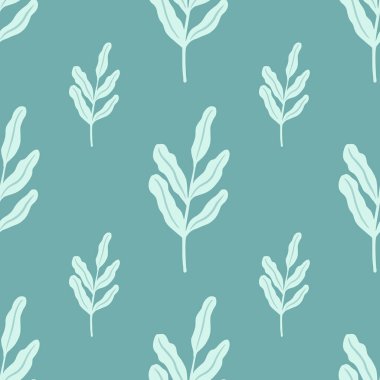 Yaprak dalları olan minimalist, pürüzsüz karalama deseni. Mavi palet çizimi. Mevsimlik tekstil baskıları, kumaş, afişler, arkaplanlar ve duvar kağıtları için vektör illüstrasyonu.