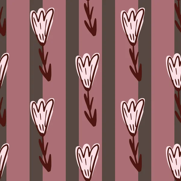 Umriss Blumen Nahtlose Kritzelmuster Einfachem Stil Gestreifter Hintergrund Rosa Farben — Stockvektor