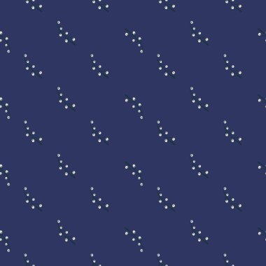 Dallarında beyaz böğürtlen olan soyut, pürüzsüz bir desen. Deniz mavisi. Tekstil, kumaş, hediye paketi, duvar kağıtları için düz vektör baskısı. Sonsuz illüstrasyon.